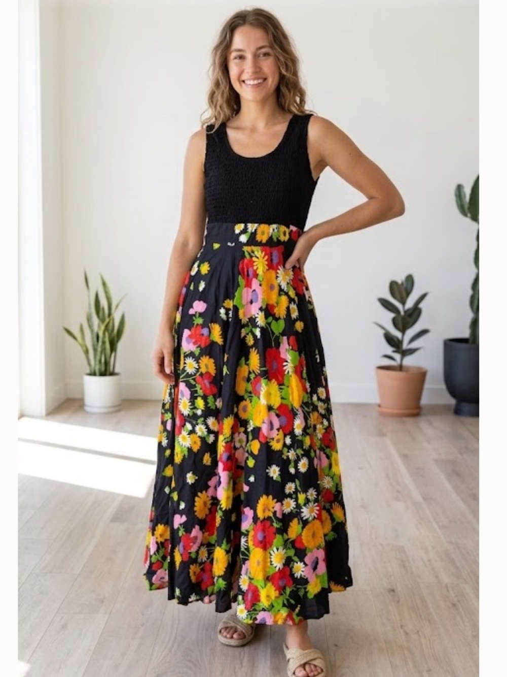 Vintage Carlette 1970’s Black Floral Maxi Dress with Smocked Bodice